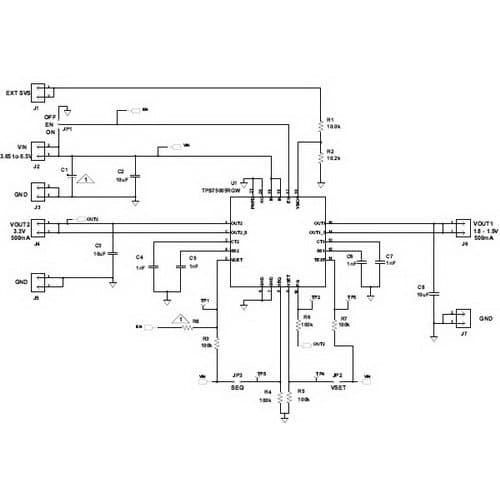 TPS75005EVM-023 evaluation module for TPS75005 dual low-dropout linear regulator (LDO) and triple voltage rail monitor