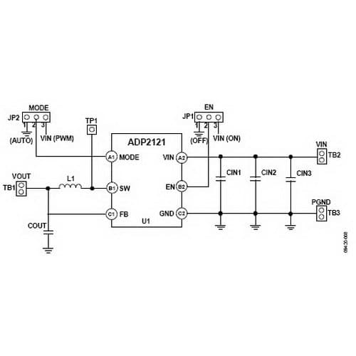 ADP2121-1.8EVALZ, Evaluating Board for ADP2121, 600 mA, 6 MHz, synchronous, step-down DC to DC converter