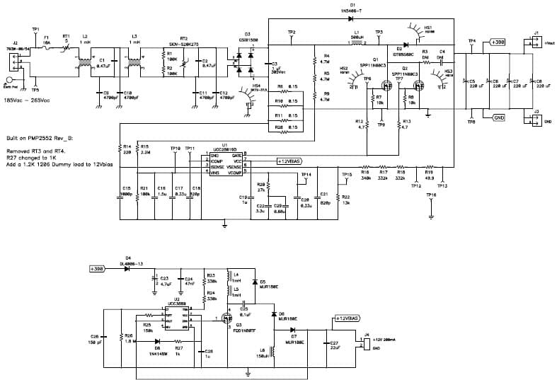 PMP2552, PFC Non-Isolated Flyback 390V@2.56A and 12V@250mA for Blower PSU