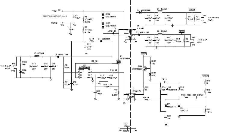 PMP4794, 288 - 450Vdc Input, 7V/12V/15V Output at 16W, QR Flyback