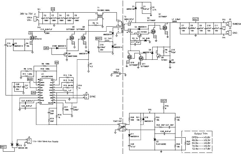 PMP4962, 36Vdc-75Vdc Input,5V @ 25A Output,93% Efficient Active Clamp forward