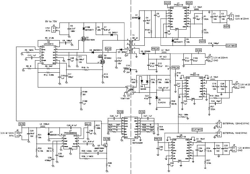 PMP4986, 8Vdc-75Vdc Input, 3.3V,+/-2.5V,1.2V Output, Ultra-Low Power Flyback