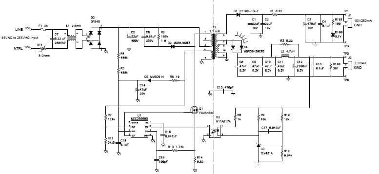 PMP5169, 85VAC-265VAC Input 3.3V/10V 15W Flyback