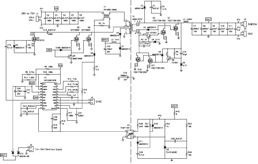 PMP5753, 36Vdc-75Vdc Input,5V @ 25A Output,94% Efficient Active Clamp forward