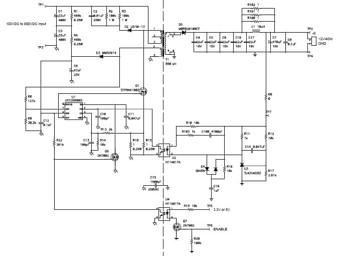 PMP5067, 100VDC-650VDC Input 12V 40W Isolated Flyback