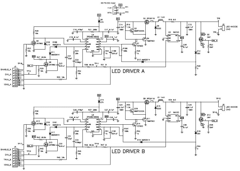 PMP4791, 55Vdc - 80Vdc Input, 2-Channel, 350mA LED Driver (10V to 50V String)