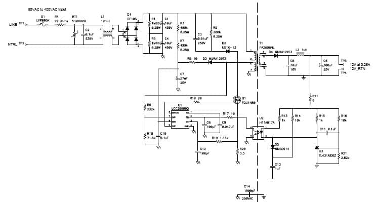 PMP4242, 90VAC - 400VAC Input, 12V/3W Quasi-Resonant Flyback