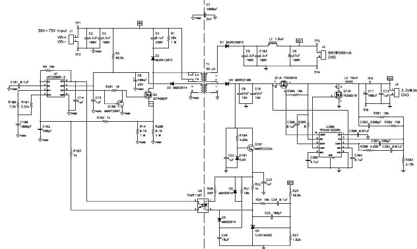 PMP4113.1, 36VDC - 75VDC Input, 80V0.5A and 3.3V/3A Isolated Flyback and Synchronous Buck Reference Design