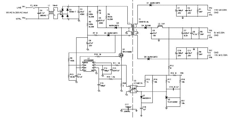 PMP4017, 85VAC - 265VAC Input, 5W +/-15V and 5V Quasi-Resonant Flyback