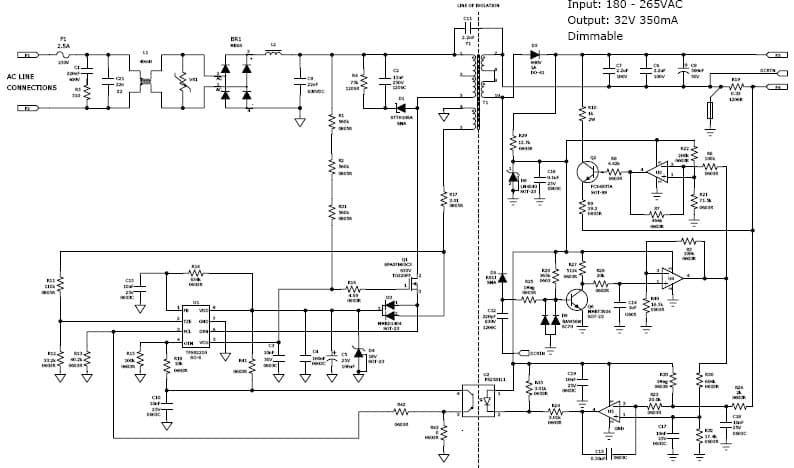 PMP6003, Isolated flyback converter with AC input 180 to 265V,output of 32V@350mA,with dimming