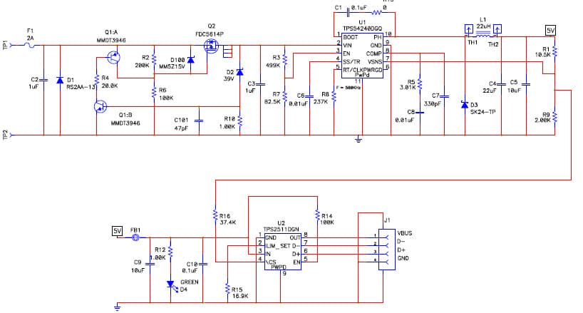 PMP7388, 9 - 40V Automotive Input, 5V@2.1A Smart USB Charger Reference Design