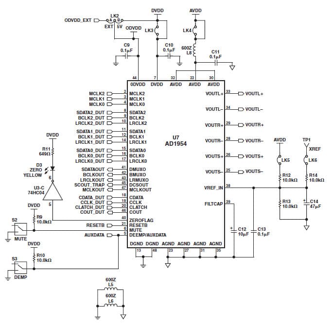 EVAL-AD1954EB, Evaluation Board using AD1954, 3-channel, 26-bit SigmaDSP audio processor Digital to Analog Converter