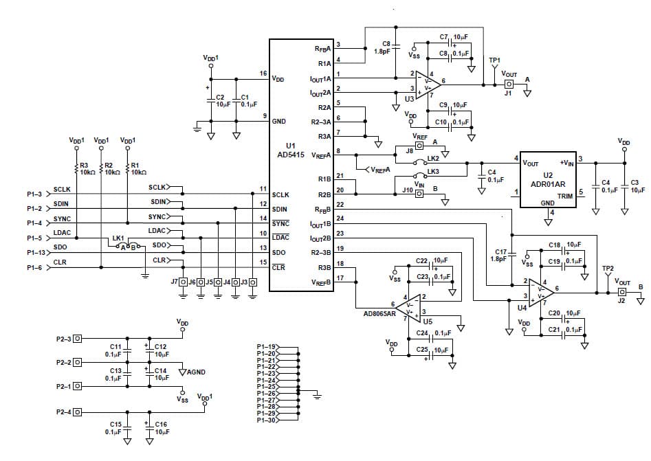 EVAL-AD5415EB, Evaluation Board using AD5415, 12-bit, serial input dual-channel, current output Digital to Analog Converter