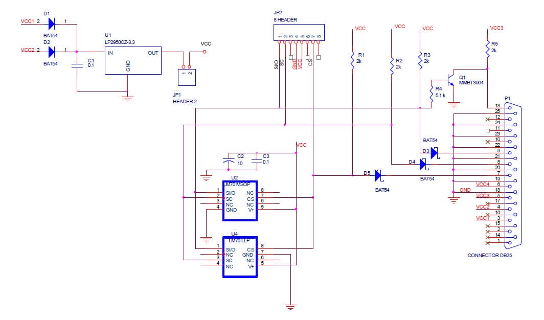 LM70EVAL-LLP, Evaluation Board Using LM70, 10-bit plus Sign Digital Temperature Sensor