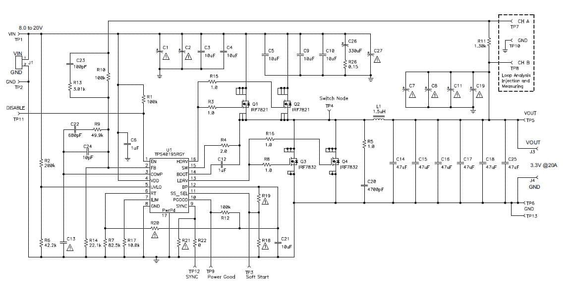 TPS40195EVM-001, Evaluation Board using TPS40195, 12-V Input, 3.3-V Output, 20-A Synchronous Buck Converter