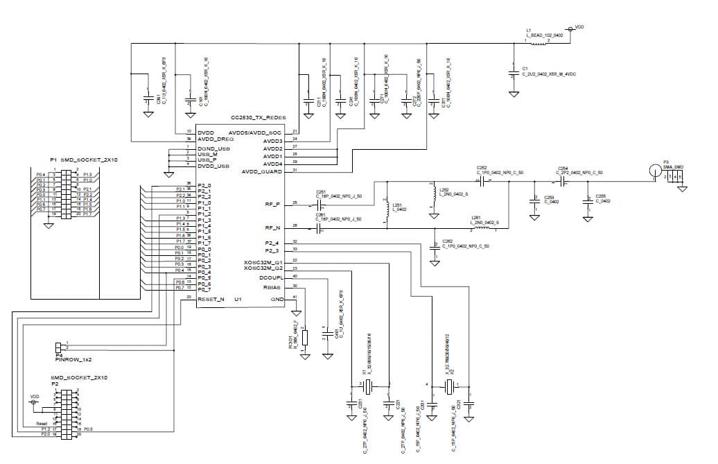 CC2530EM, 2.4 GHz RF Layout Reference Design demonstrates good decoupling and layout techniques for a low power RF device