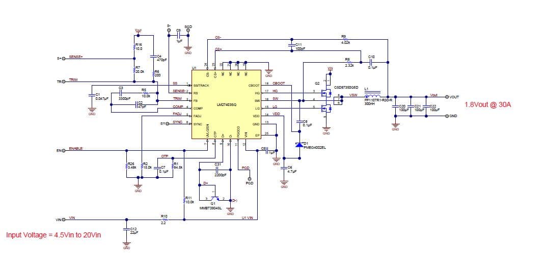 PMP9254, 4.5Vin to 20Vin, 1.8Vout @ 30A, Synchronous Buck Converter