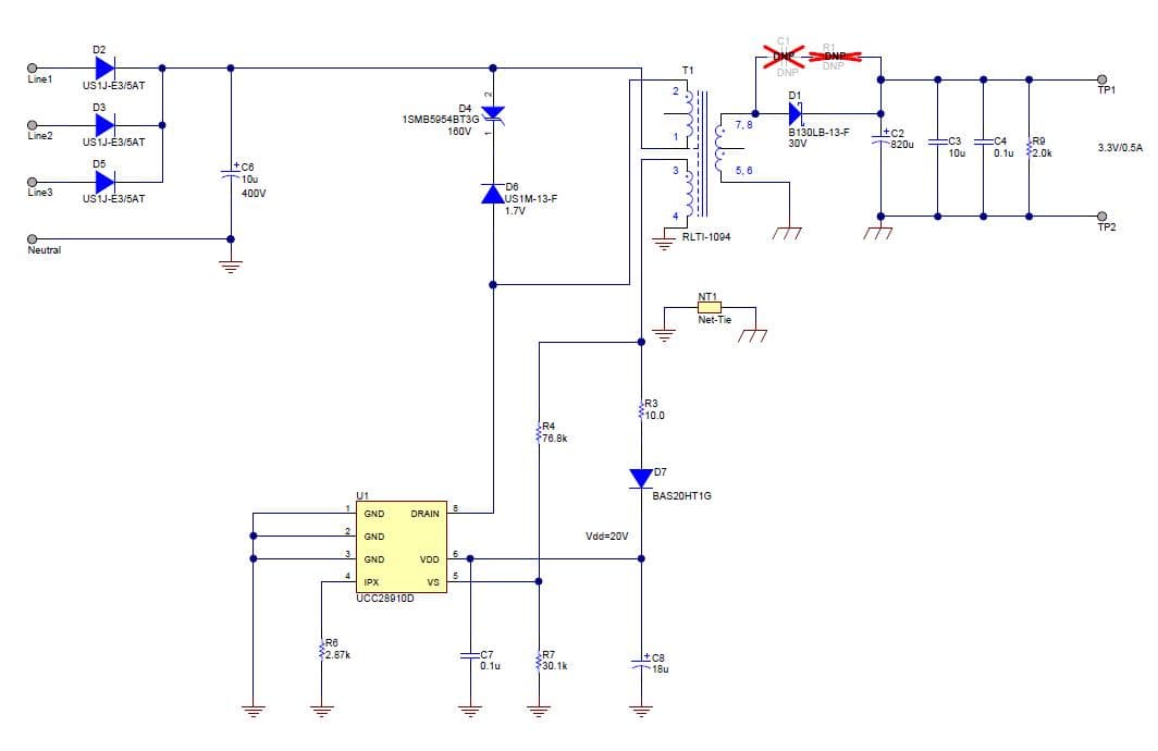 PMP9053, Universal 3-phase AC input with 3.3V/0.5A output (Functional Isolation)