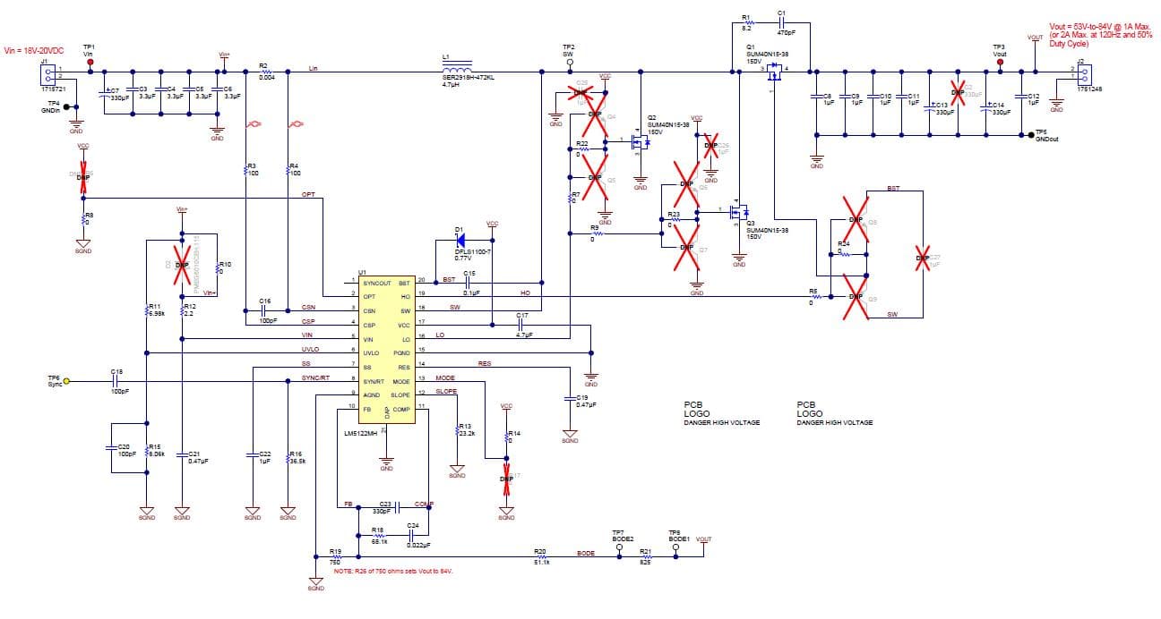 PMP7950, 18Vin to 20Vin, 53Vout to 84Vout @ 1A, Single-Phase Synchronous Boost Converter