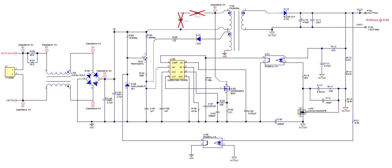 PMP7943, 100VACin to 240VACin, 5Vout @ 0.5A, Offline Isolated Flyback AC to DC Converter