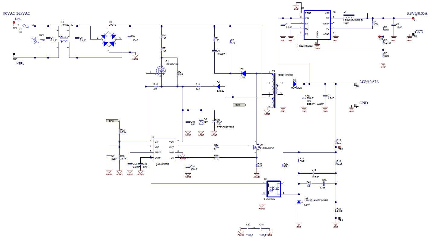 PMP8655, Low Standby Power Quasi-Resonant Isolated Flyback 90-265VACin,24V@0.7A