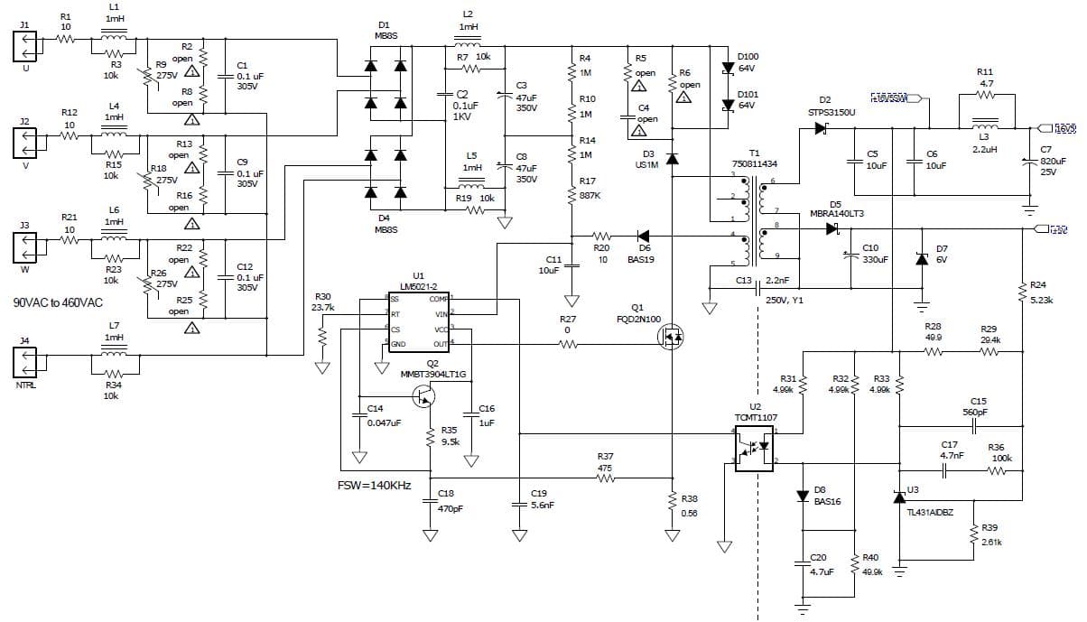 PMP7146.1, 3-ph E-Meter. Input voltage: 2 and 3 phase, outputs: 16.5V@300mApk,12V@500mA,3.3V@100mApk,1.9V@150mA