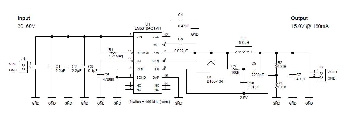 PMP8660, Automotive buck converter for high-temperature ambient (105 deg) providing 15.0V @ 160mA