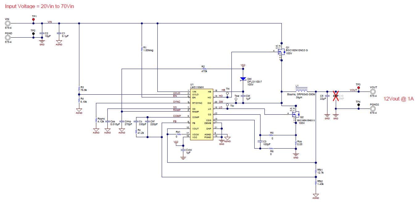 PMP7994, 20Vin to 70Vin, 12Vout @ 1A, Synchronous Buck Converter