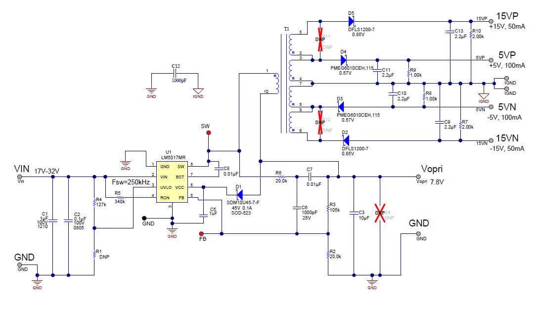 LM5017 Fly-Buck Quad Isolated Output Power Supply without Optocoupler