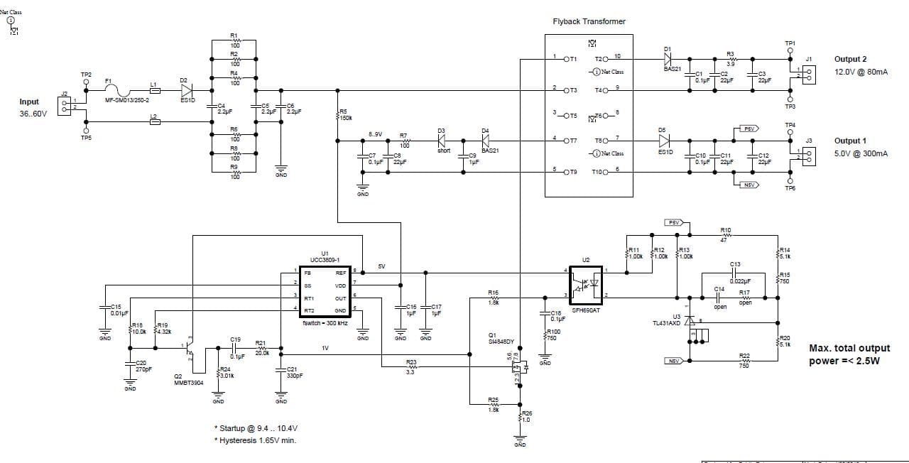 PMP8580, Isolated auxiliary flyback for telecom applications with 5.0V @ 300mA and 12.0V @ 80mA