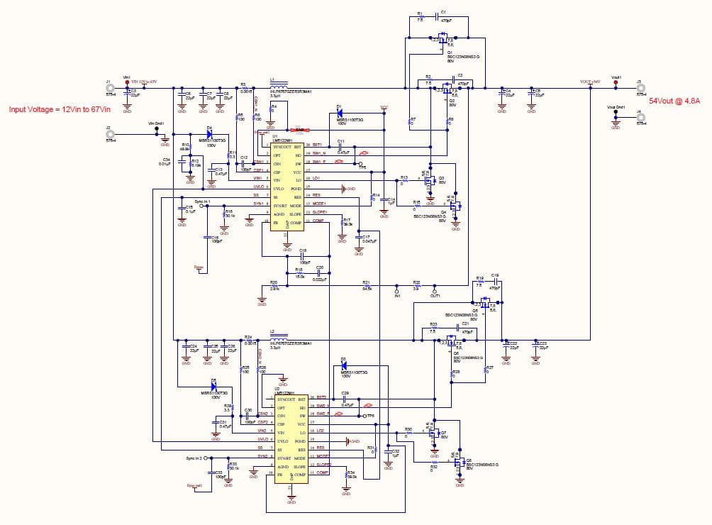 PMP7979, 12Vin to 67Vin, 54Vout @ 4.8A, Dual-Phase Synchronous Boost Converter