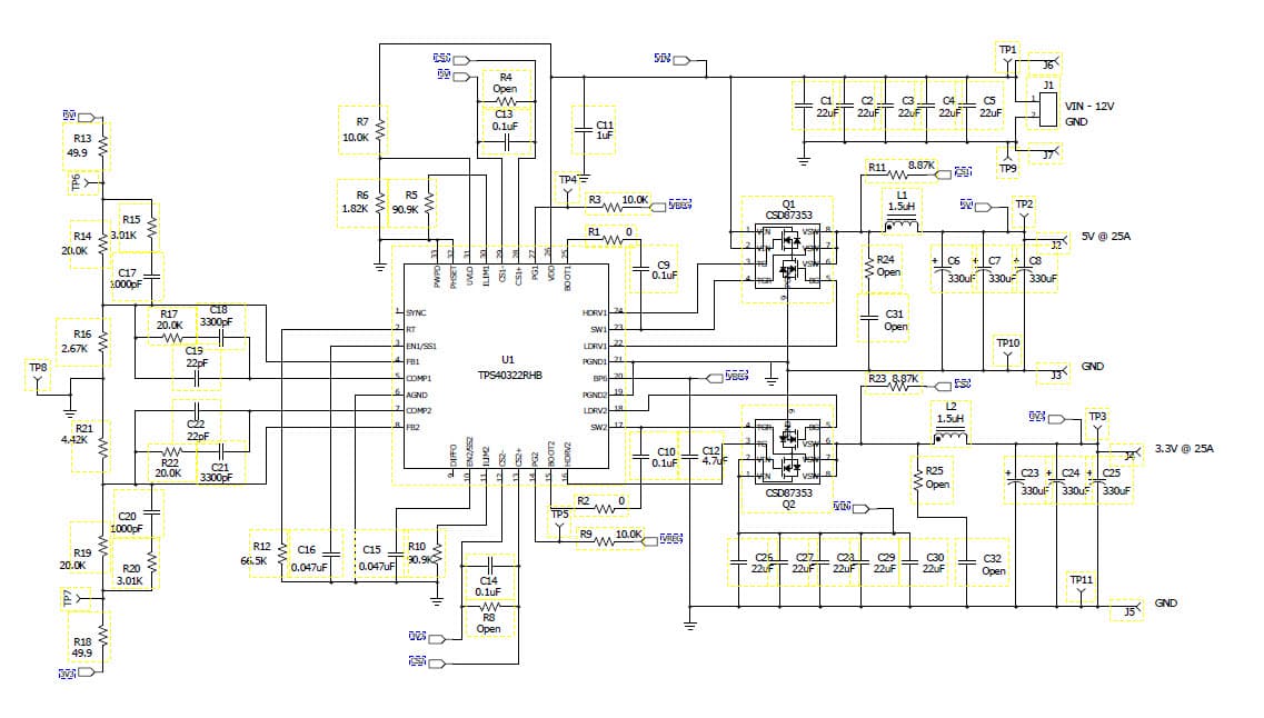 PMP6857, 9 - 15V Input, 3.3V@25A and 5V@25A using the TPS40322