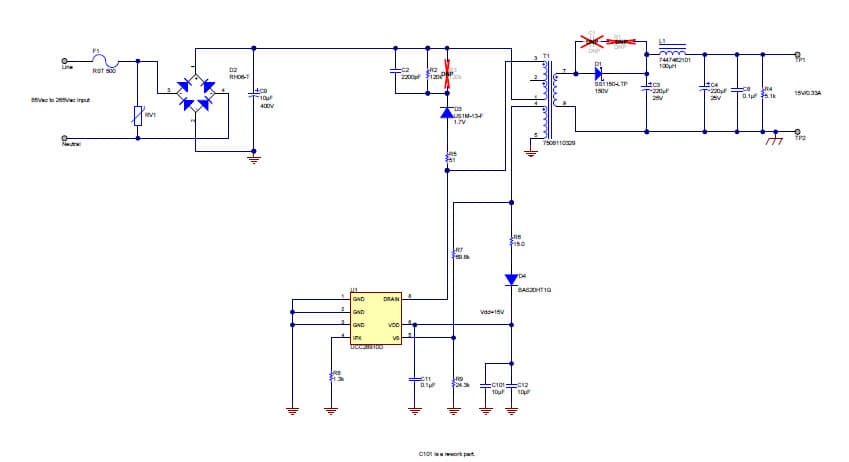 PMP9115, Primary-Side Regulated Flyback for universal AC Input and 15V/0.33A output