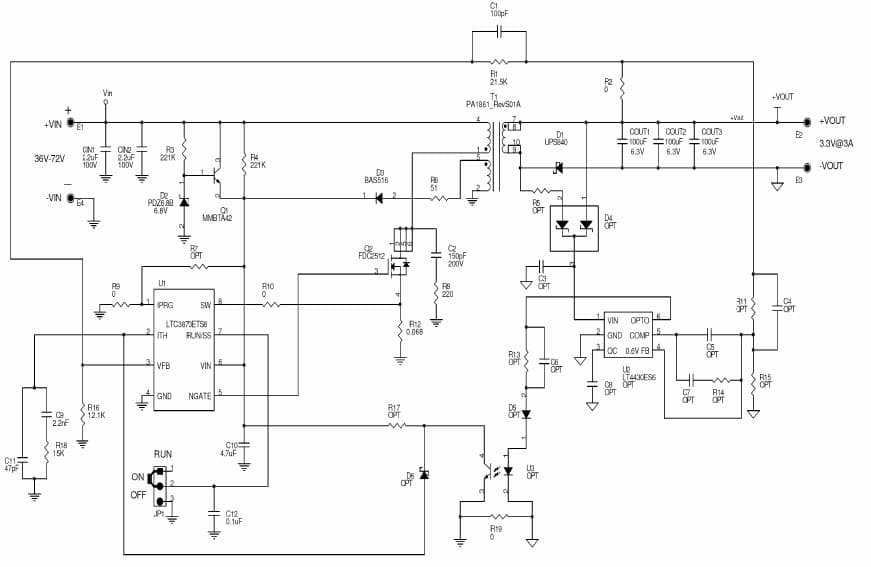 LTC3873ETS8 Isolated/Non-Isolated Demo Board, 36 < Vin < 72V, Vout: 3.3V/3A