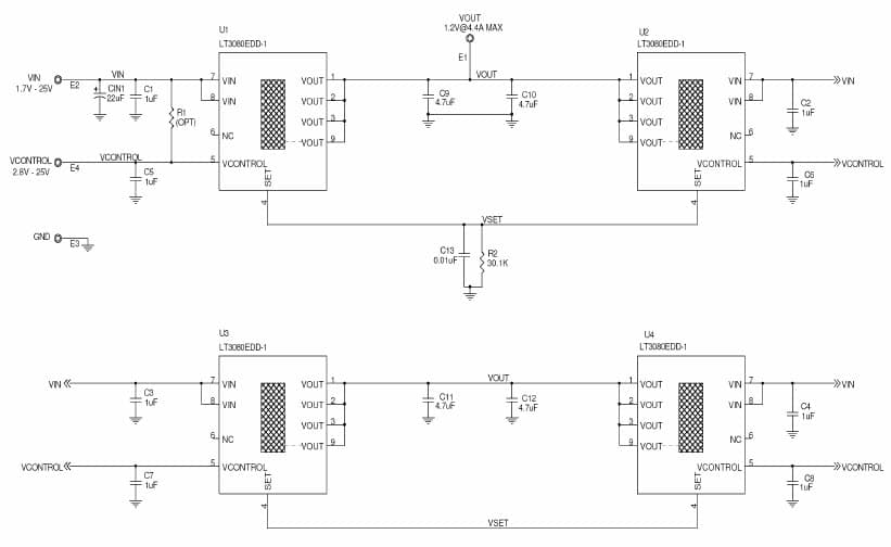 LT3080EDD-1 demo board, 1.1A Adjustable, Single Resistor LDO, regulators in parallel with integrated ballast resistor