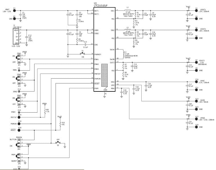 LTC3101EUFE Demo board, Wide Vin, Multiple-Output DC/DC Converter and Power Path Manager