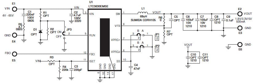 LTC3630EMSE Demo Board, High Efficiency 65V 500mA Synchronous Step-Down Converter