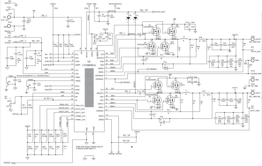 LTC3880EUJ Demo Board, DCR Sense Demo Board, Vin Range: 6.5V to 24V, VOUT0: 0.5V to 4V @ 20A, VOUT1 : 0.5V to 5V @ 20A, PMBUs Controlled, works w/ DC1613A