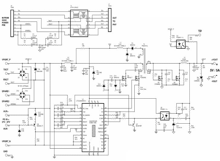 LTC4269-2 Demo Board, PoE Powered Device w/48V Isolated Auxiliary, Vout = 5V, Iout = 5A