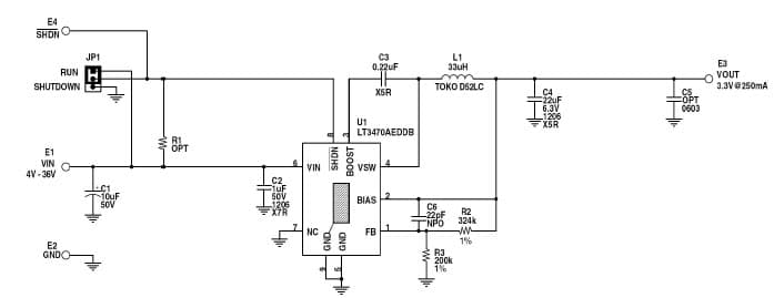 LT3470AEDDB Demo board, 4Vin Start-up, Micro-power Buck Regulator with Integrated Boost and Catch Diodes