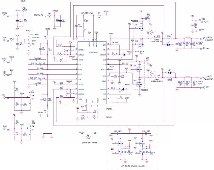 DC1231A-B, Demo Board Using the LTC3850EGN Synchronous Buck Converter @ 6.5V < Vin < 24V, Vout1 = 3.3V/5A, Vout2 = 2.5V/5A, with DCR Current Sense