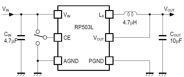 RP503L Application Circuit, DC to DC Step-Down Converter in DFN Package