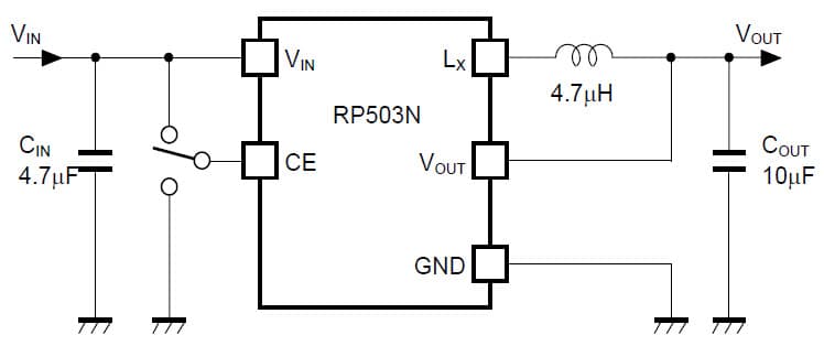 RP503N Application Circuit, DC to DC Step-Down Converter in SOT23 Package