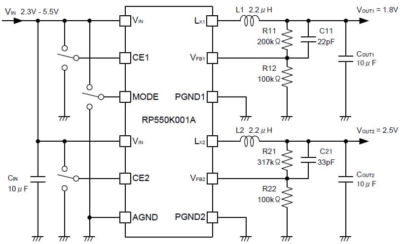 RP550K001 Application Circuit, DC to DC Step-Down Converter with Synchronous Rectifier