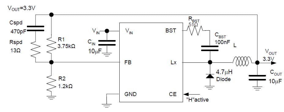 R1240K003 Application Circuit, 3.3V DC to DC Step-Down Converter with Synchronous Rectifier