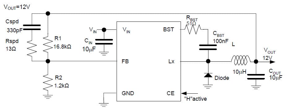 R1240K003 Application Circuit, 12V DC to DC Step-Down Converter with Synchronous Rectifier