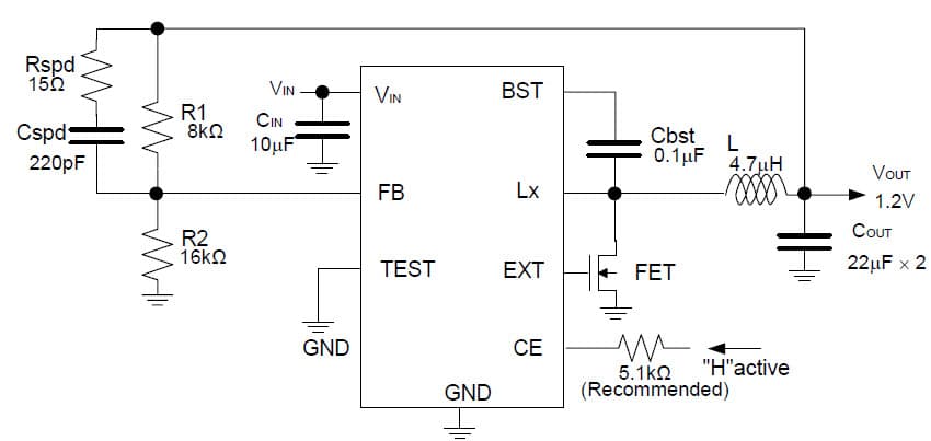 R1242S001 Application Circuit, 1.2V DC to DC Step-Down Converter with Synchronous Rectifier