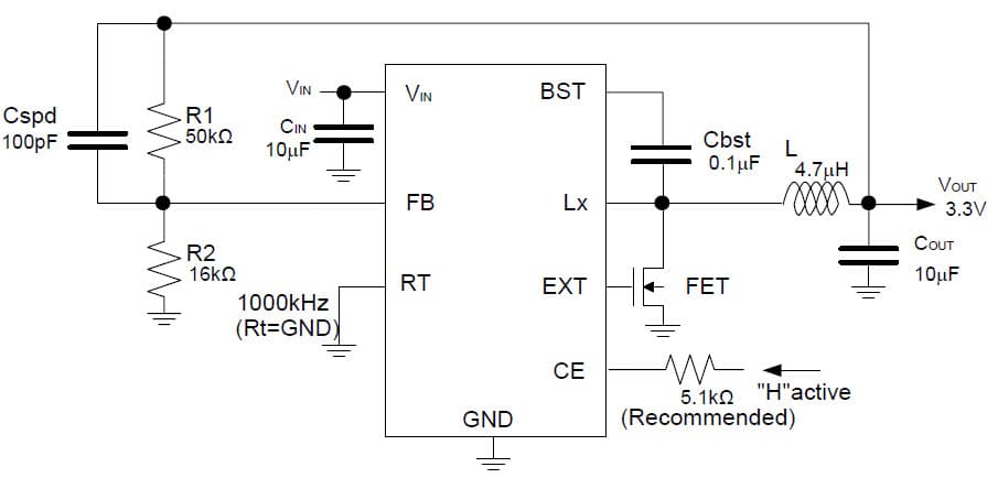 R1242S001 Application Circuit, 3.3V DC to DC Step-Down Converter with Synchronous Rectifier