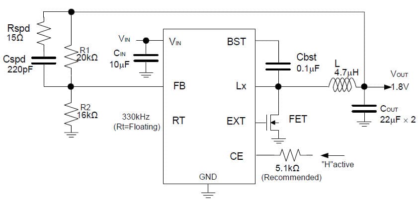 R1242S001 Application Circuit, 1.8V DC to DC Step-Down Converter with Synchronous Rectifier