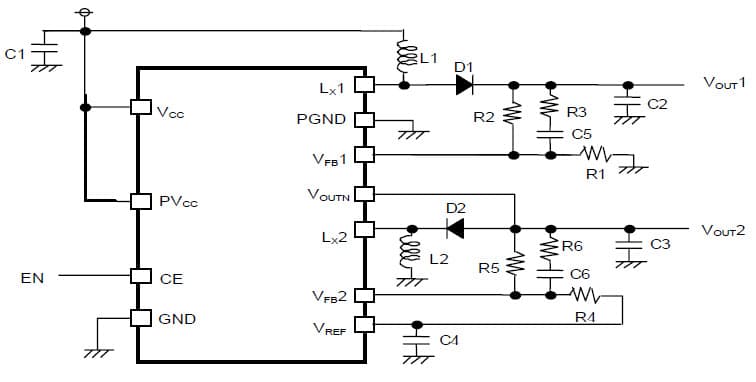 R1283K001 Application Circuit, 2CH DC/DC converter for CCD/OLED Display power source